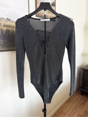 Nylon Apparel Metallic Lace-Up Long Sleeve Bodysuit